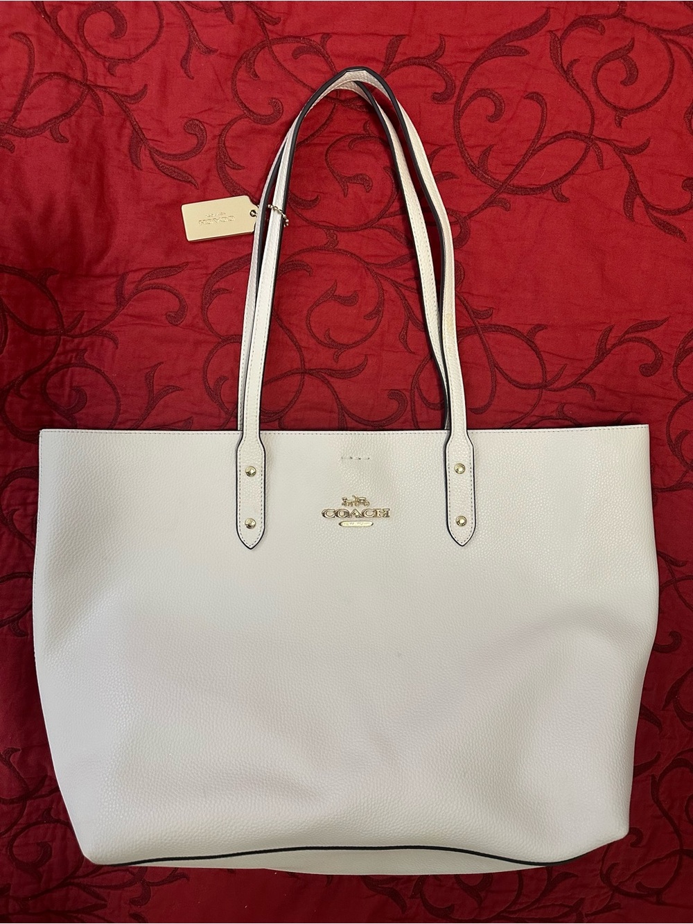 Coach White Pebbled Leather Tote with Gold Hardware